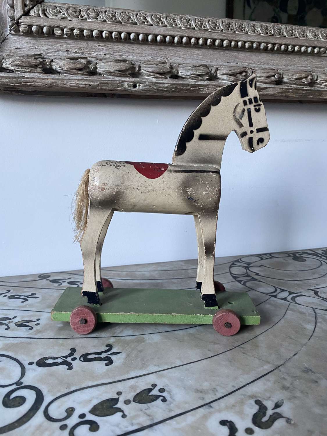 Small Wooden Horse on Wheels c1940 in its Original Paint