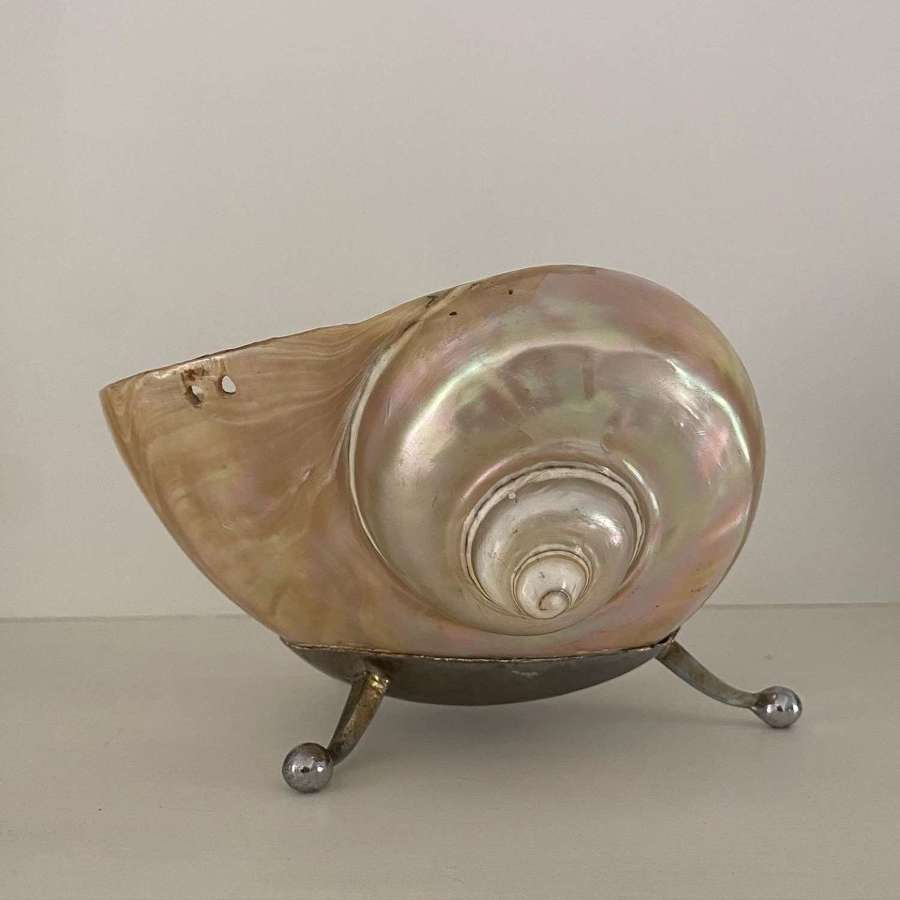 Decorative Antique Mother of Pearl Shell Dish on Silver Metal Legs
