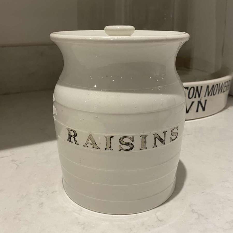 Late Victorian White Banded Kitchen Storage Jar - Raisins