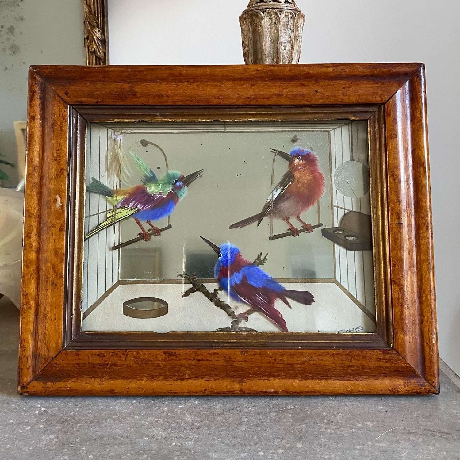 Superb Victorian Birds Mirror, Collage & Painting Picture Orig Frame