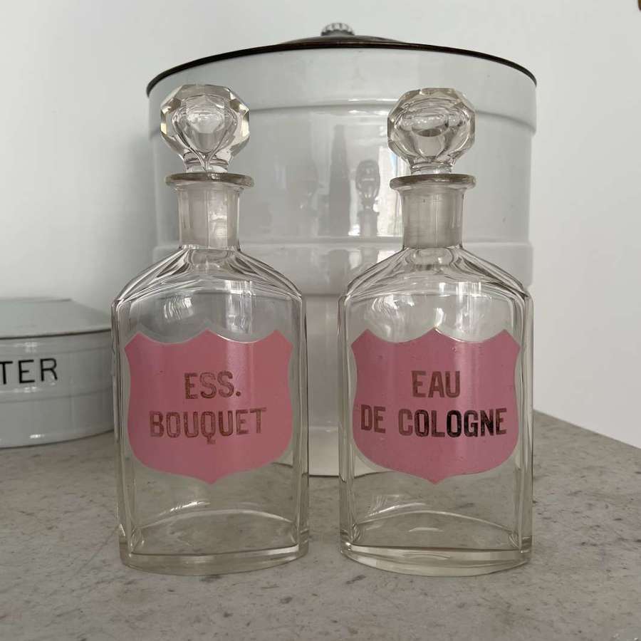 Pair of Late Victorian Apothecary Perfume Bottles - Pink Enamel Labels