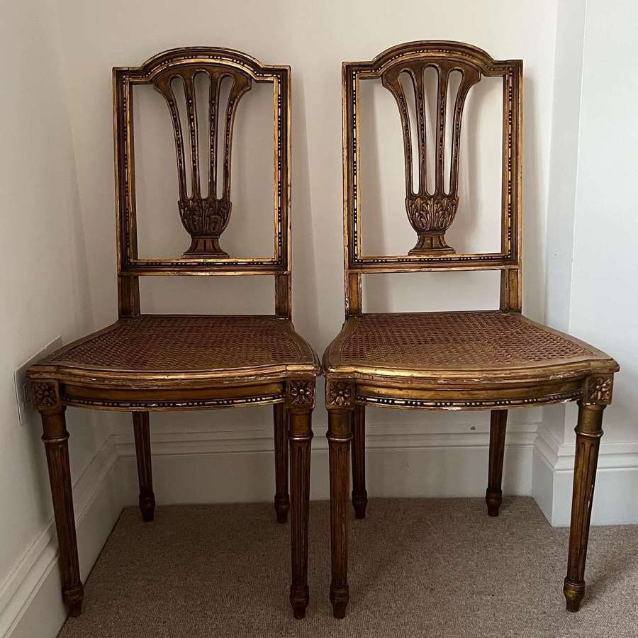 Early 20thC Matched Pair of Giltwood Caned Seat Chairs