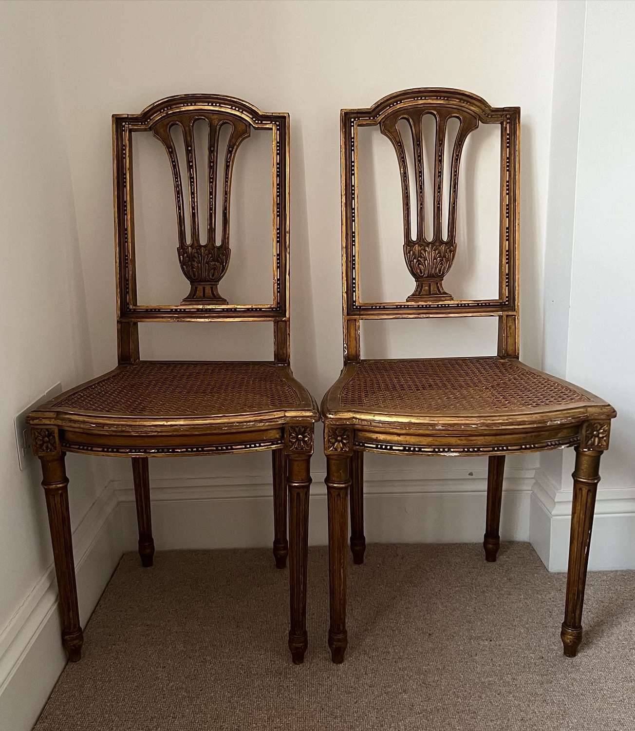 Early 20thC Matched Pair of Giltwood Caned Seat Chairs