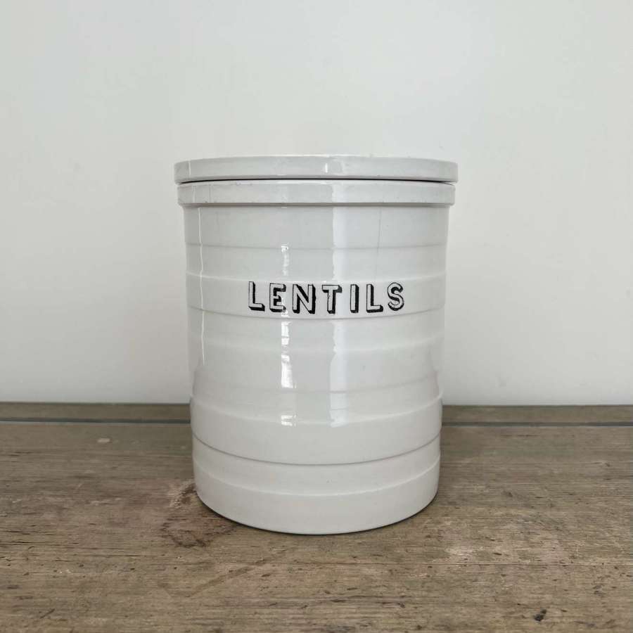 Late Victorian White Banded Cetem Ware Kitchen Jar - Lentils