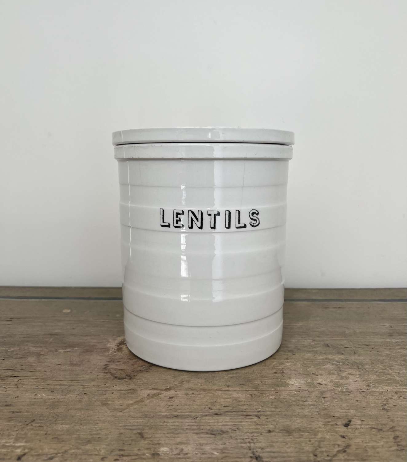 Late Victorian White Banded Cetem Ware Kitchen Jar - Lentils