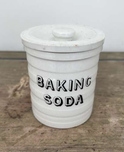 Late Victorian Rare Cetem Ware White Banded Kitchen Jar - Baking Soda