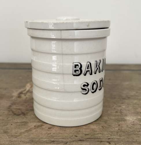 Late Victorian Rare Cetem Ware White Banded Kitchen Jar - Baking Soda