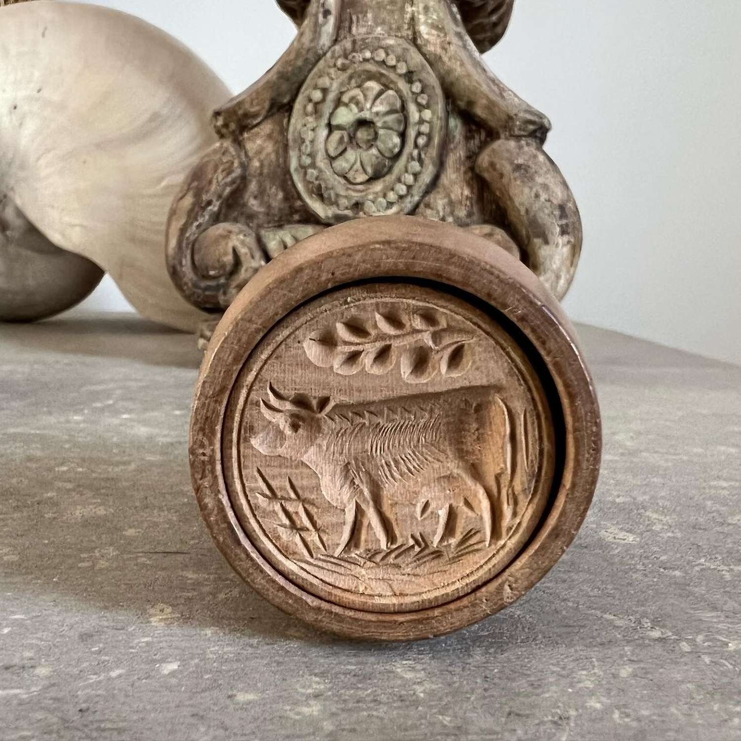 Victorian Small Carved Treen Cow Butter Stamp