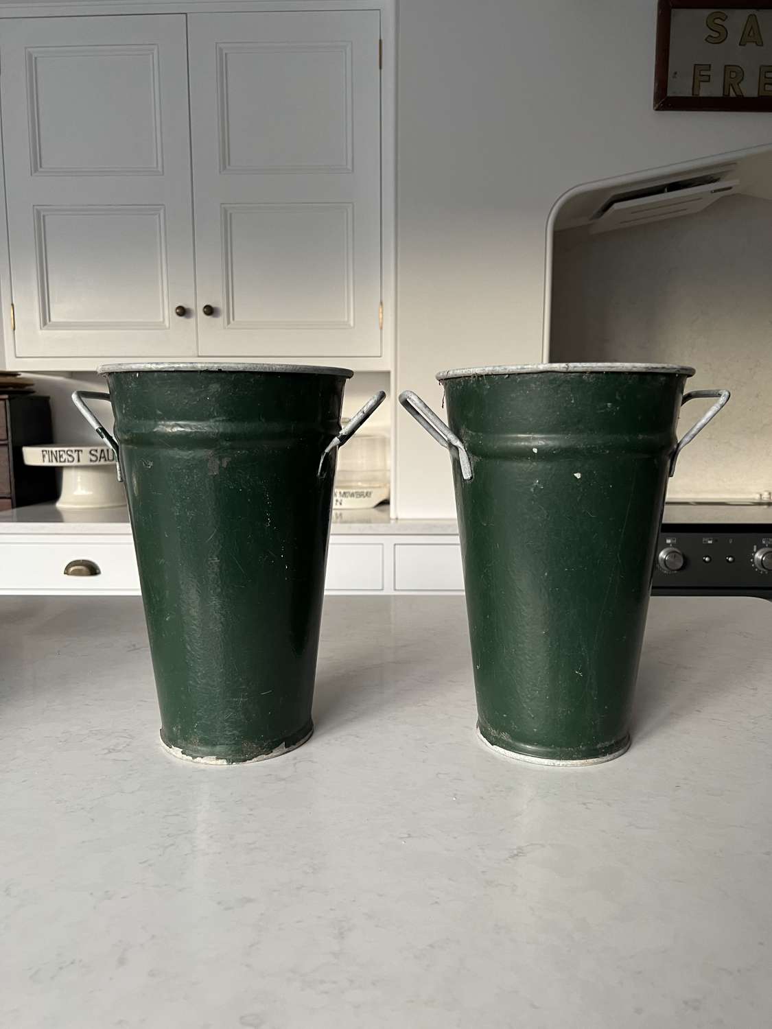 Pair of Mid Century Florists Vases in Original Green Paint