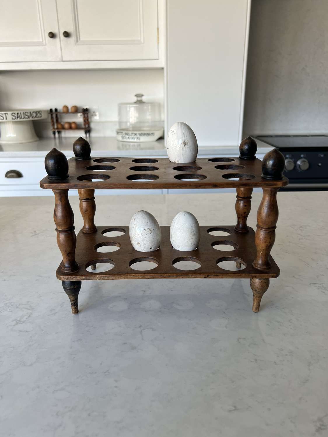 Late Victorian Treen Two Tier Egg Rack with Turned Colum Supports