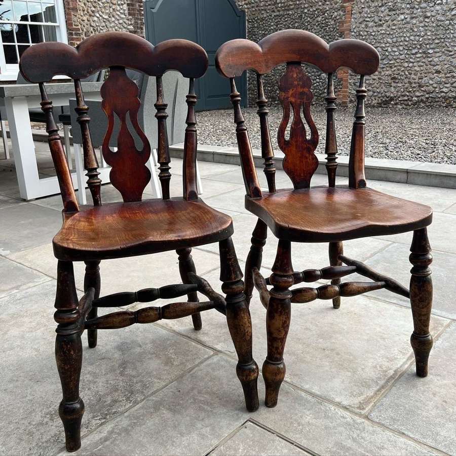 Victorian Matched Pair of Quality Elm Country Kitchen Chairs