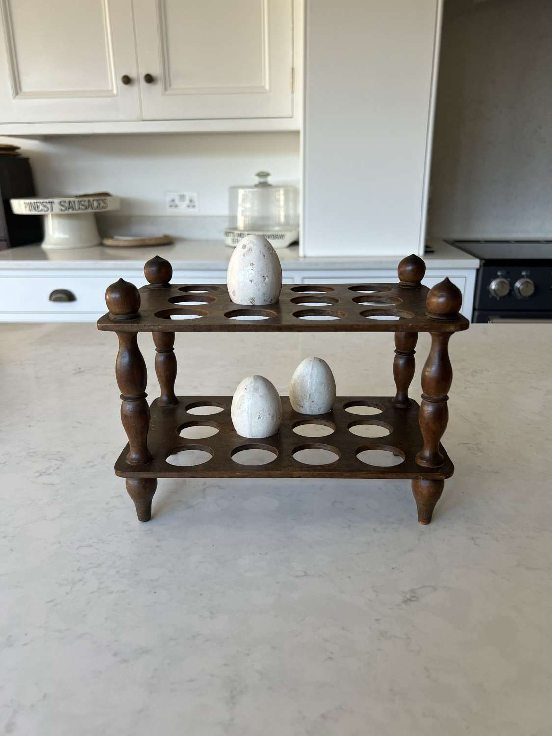 Late Victorian Treen Two Tier Egg Rack with Turned Column Supports