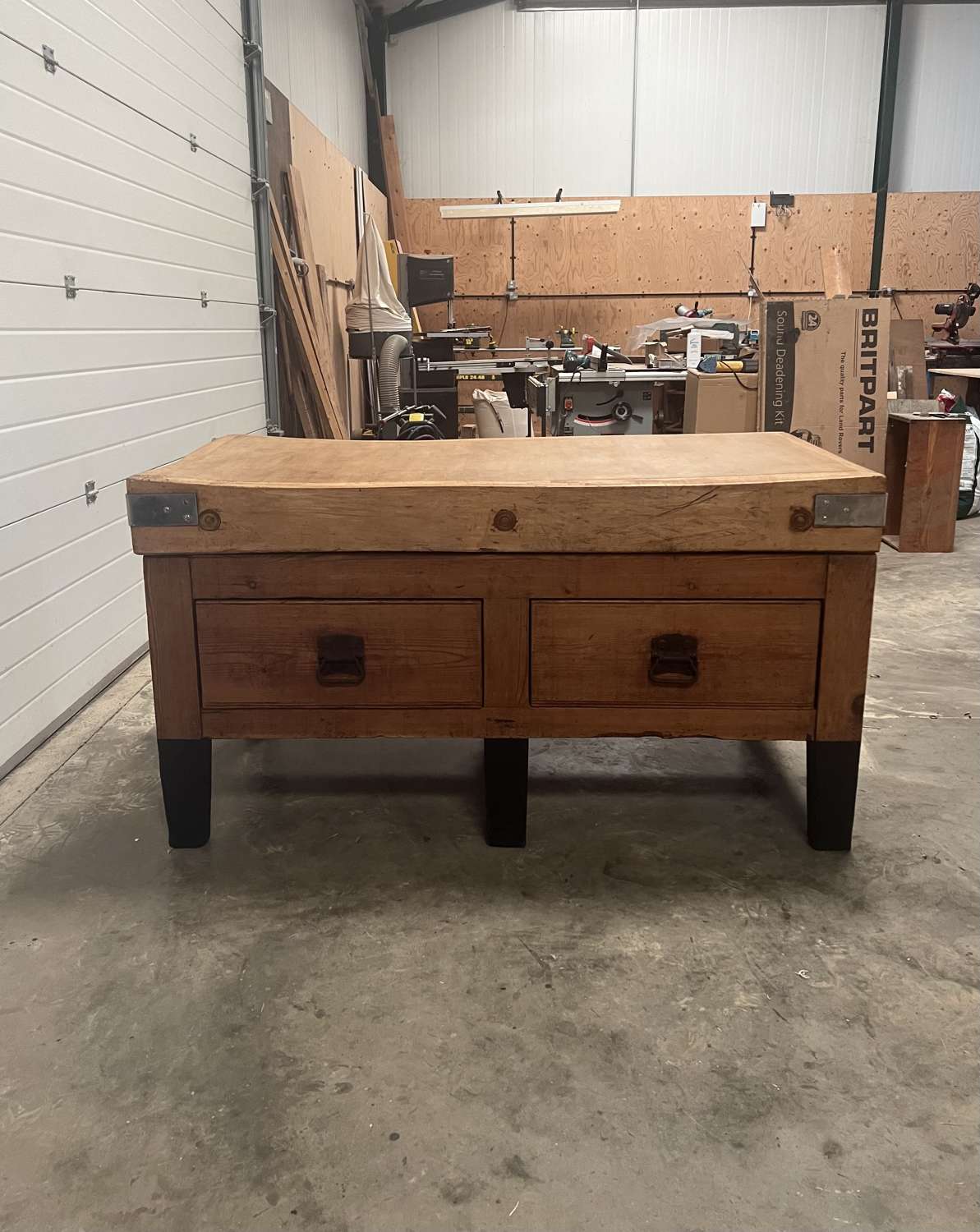 Mid Century Extra Deep Maple Butchers Block on Pine Two Drawer Base