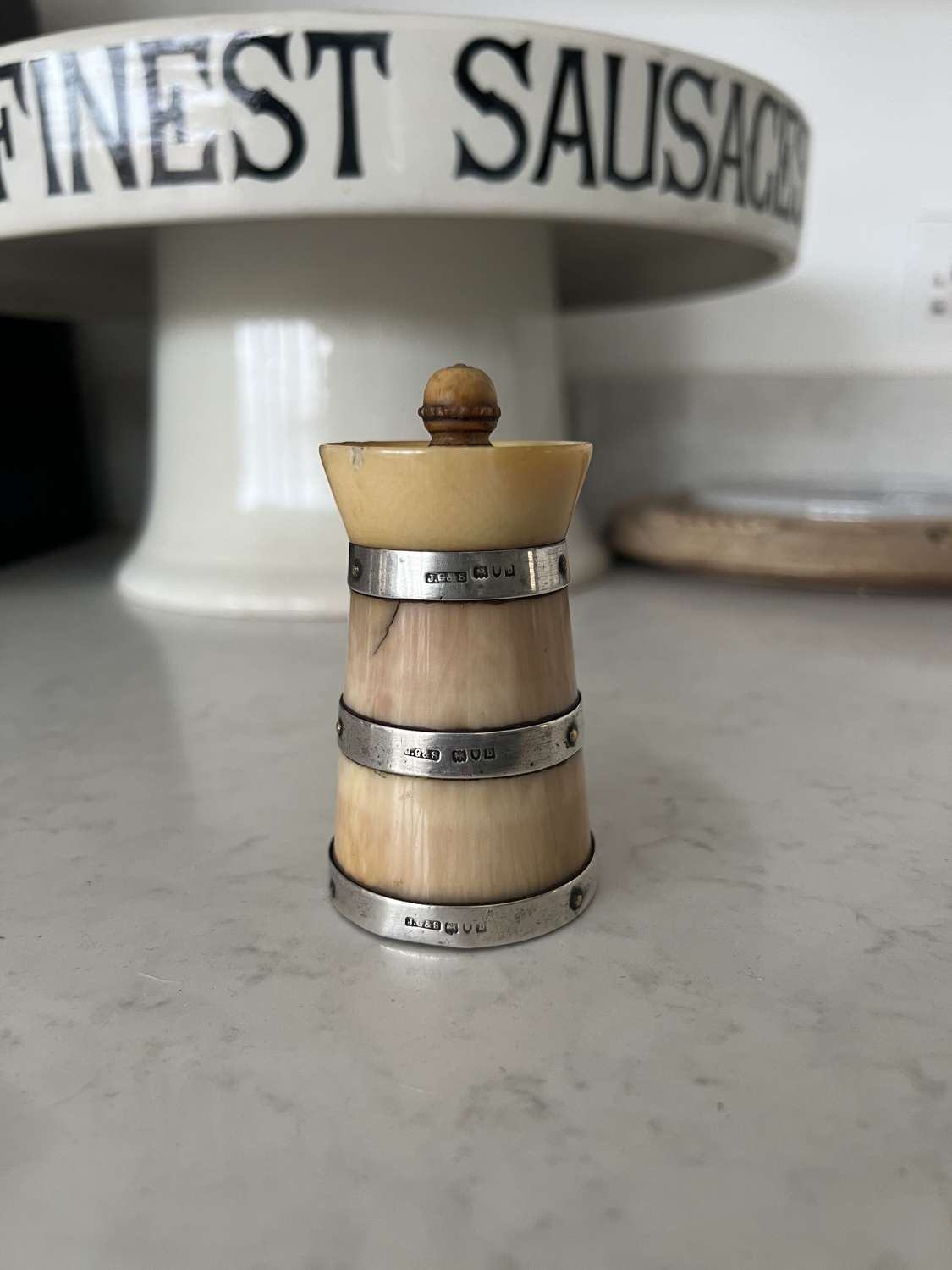 Early 20th Century Horn Pepper Grinder with Solid Silver Bands
