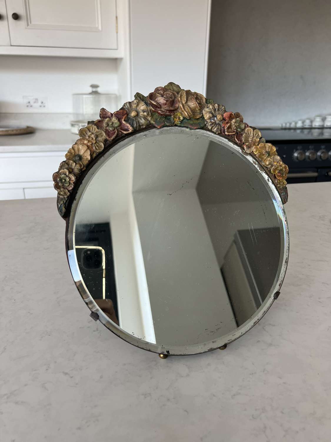1930s Good Sized Floral Topped Barbola Mirror
