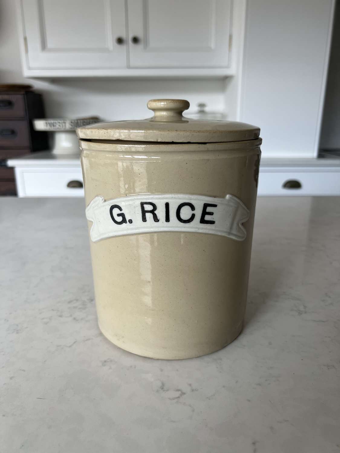 Late Victorian Large Stoneware Kitchen Jar with Orig Lid - G.RICE