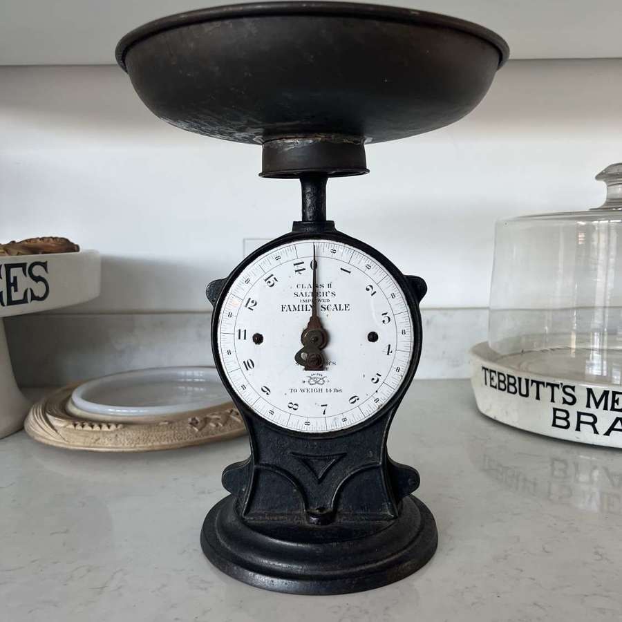 Early 20th Century Salter Family Kitchen Scales with White Enamel Face