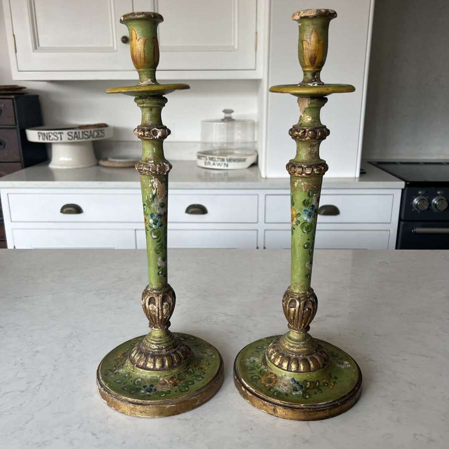 Pair of Early 20thC Lamp Bases - Candlesticks A/F Fantastic Orig Paint