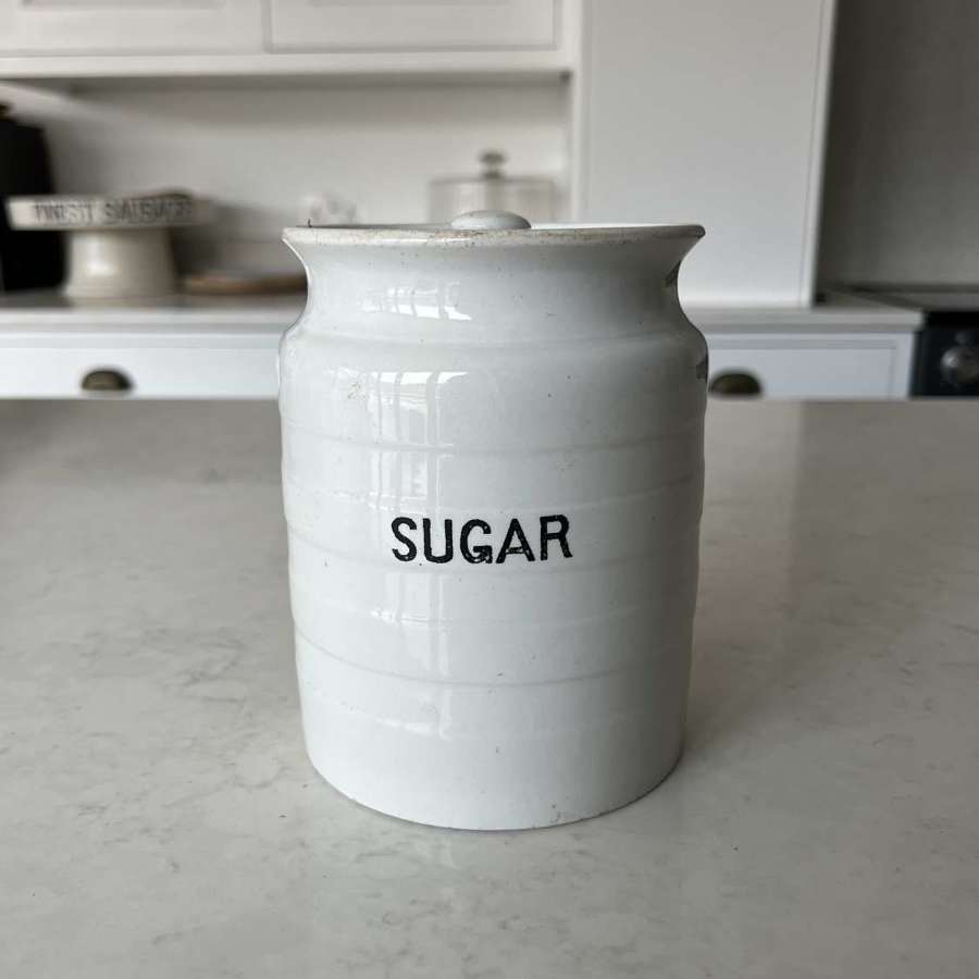 Early 20thC White Banded Kitchen Storage Jar with Orig Lid - Sugar