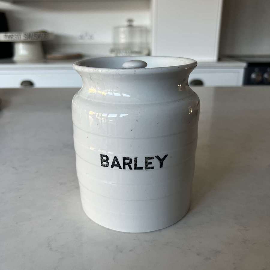 Early 20th Century White Banded Kitchen Jar with Orig Lid - Barley