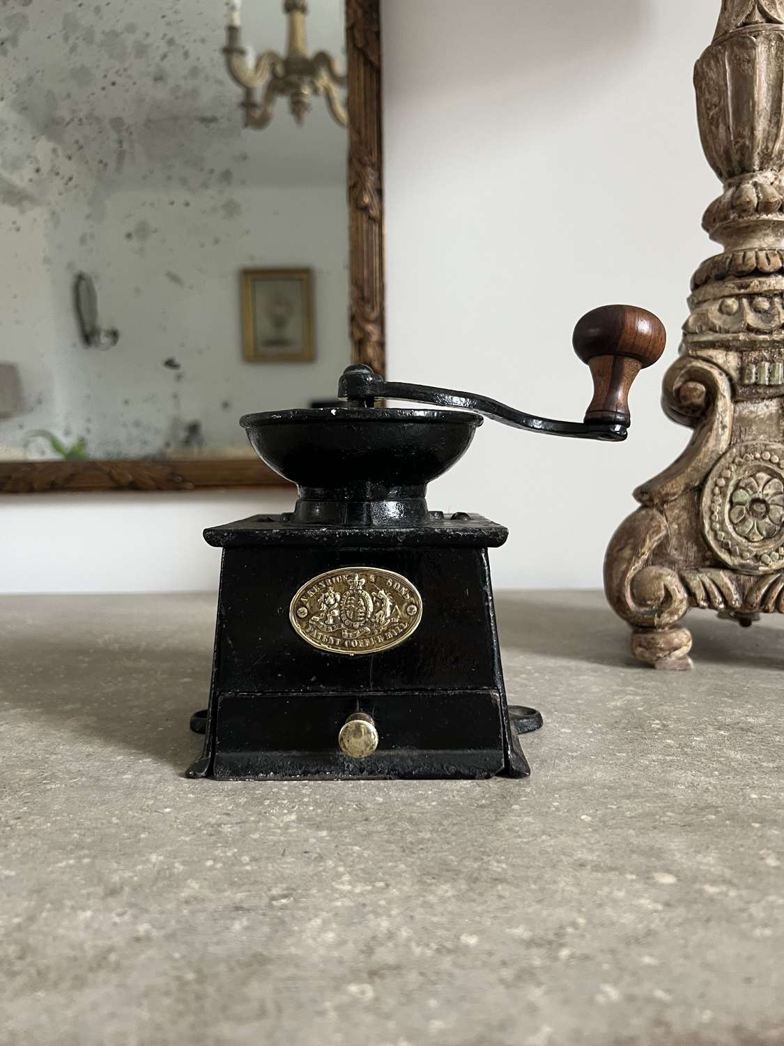 Late Victorian Cast Iron Kenrick Coffee Grinder. Lovely Brass Plaque.