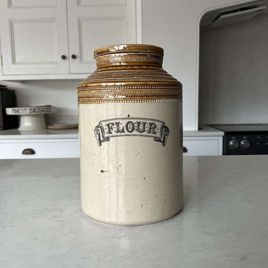 Very Large Victorian Stoneware Kitchen Jar with Lid - Flour