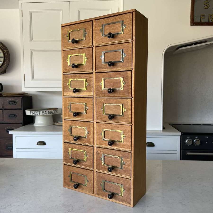 Mid Century Oak Bank of 14 Drawers with Brass Index Plaques