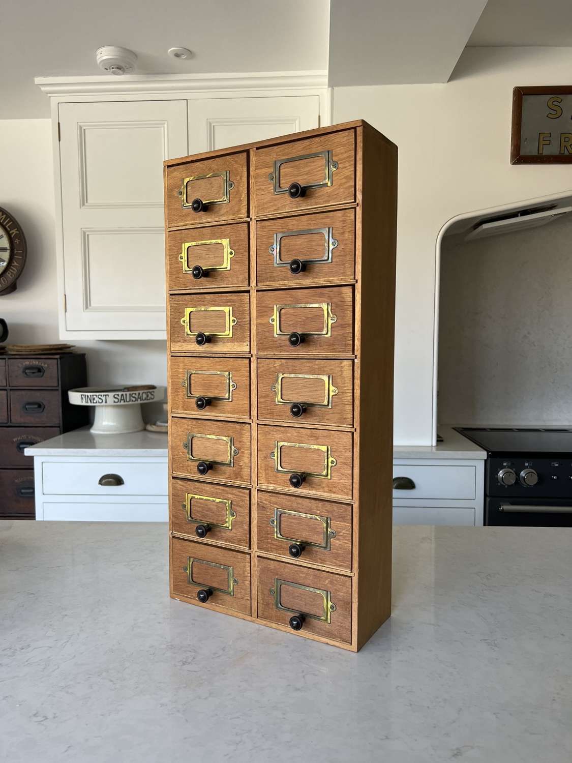 Mid Century Oak Bank of 14 Drawers with Brass Index Plaques
