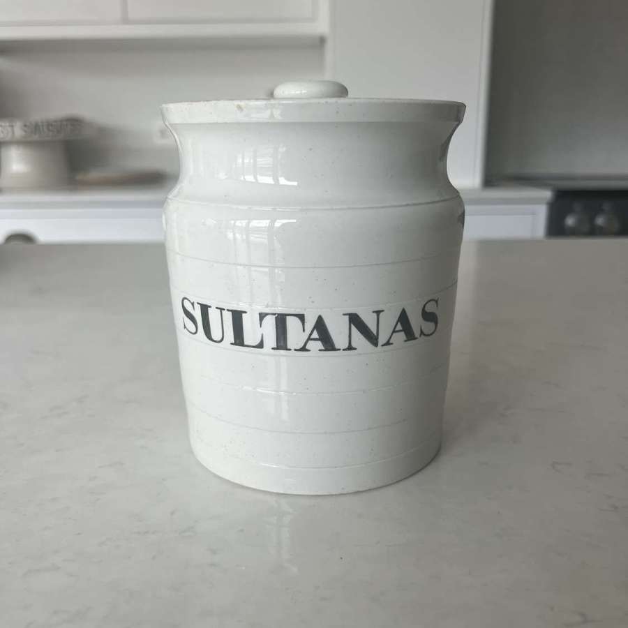 Late Victorian White Ironstone Kitchen Storage Jar with Lid - Sultanas