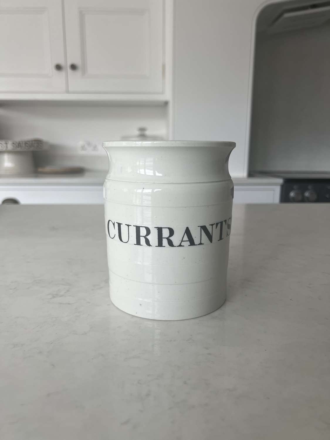 Late Victorian White Ironstone Kitchen Storage Jar with Lid - Currants