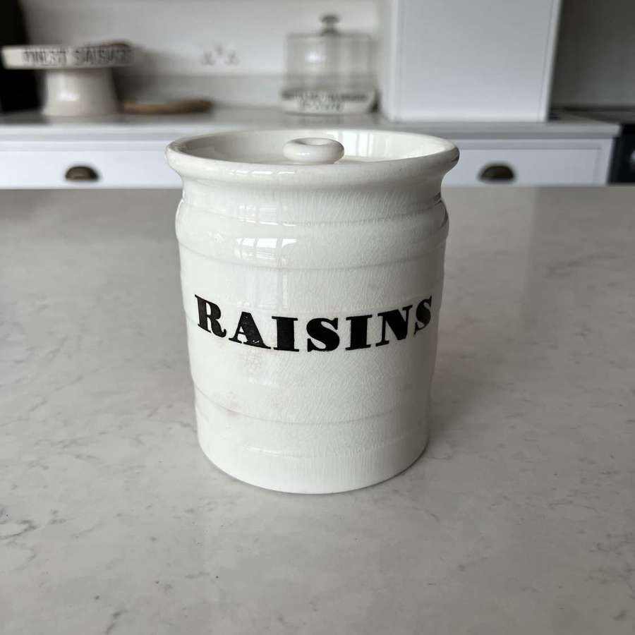 Late Victorian White Ironstone Kitchen Storage Jar - Raisins -Orig Lid