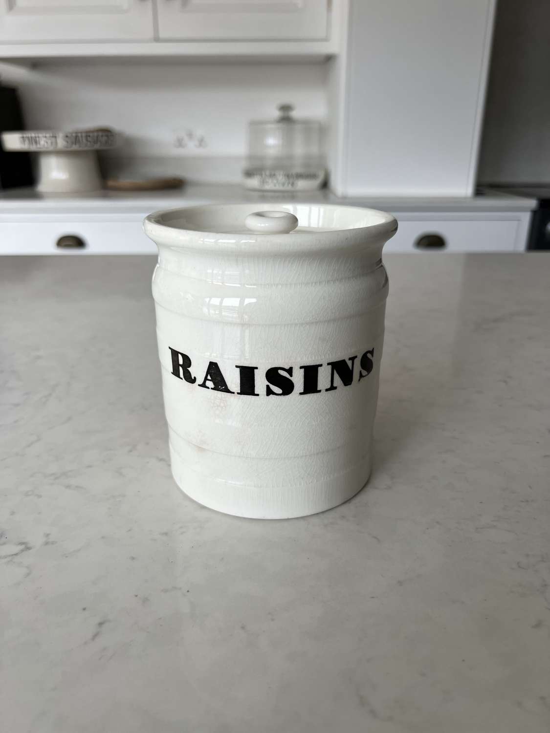 Late Victorian White Ironstone Kitchen Storage Jar - Raisins -Orig Lid