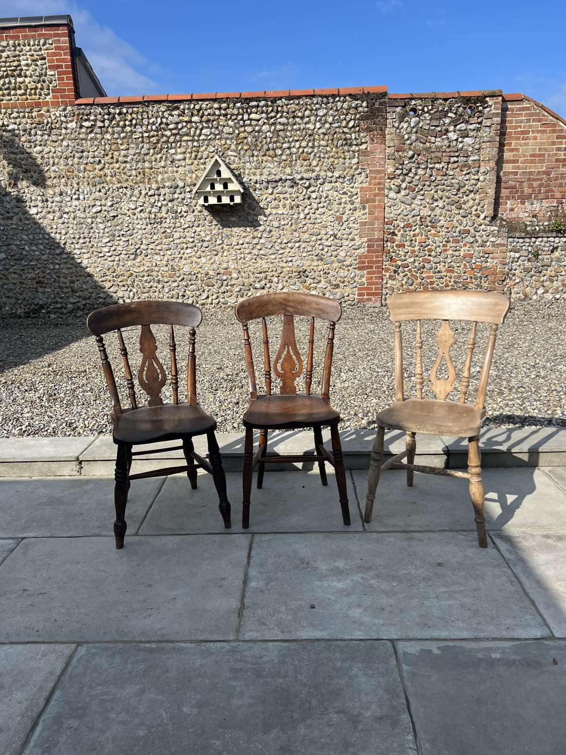Three Near Match Victorian Quality Slat Back Kitchen Chairs