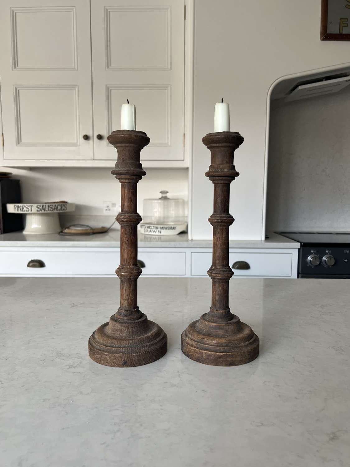 Pair of Early 20th Century Turned Oak Candlesticks