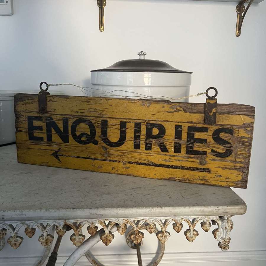 Early 20thC Double Sided Pine Enquiries Sign with Iron Hooks to Hang