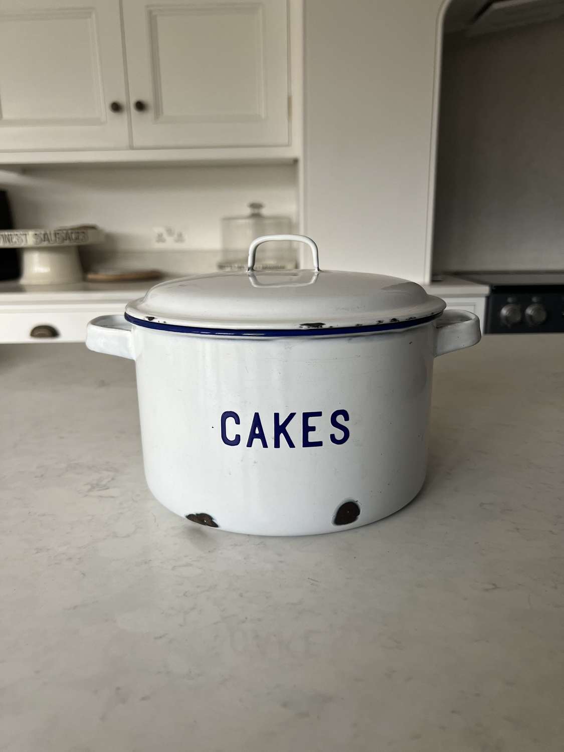 Early 20th Century Blue on White Enamel Cakes Tin with Side Handles