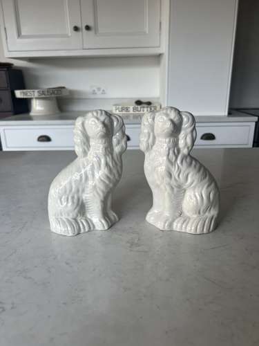 Pair of Victorian Plain White Ironstone Staffordshire Dogs