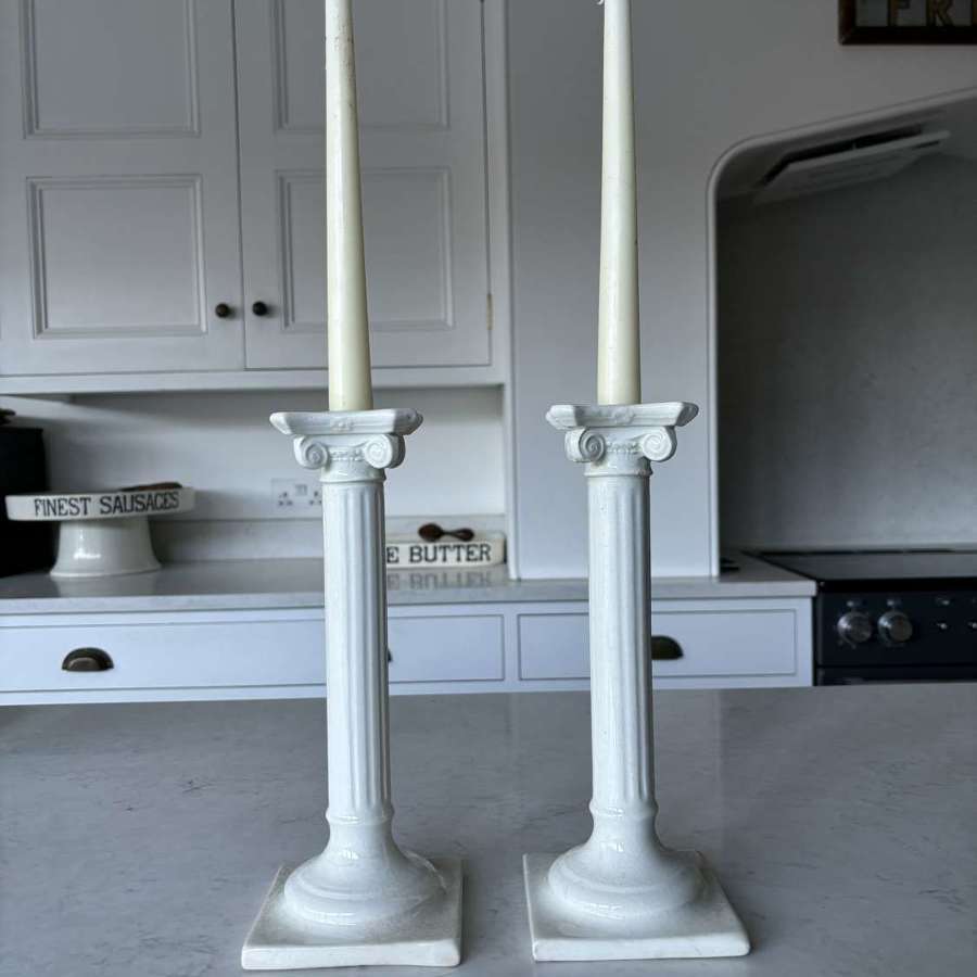Pair Late Victorian White Ironstone Column Candlesticks