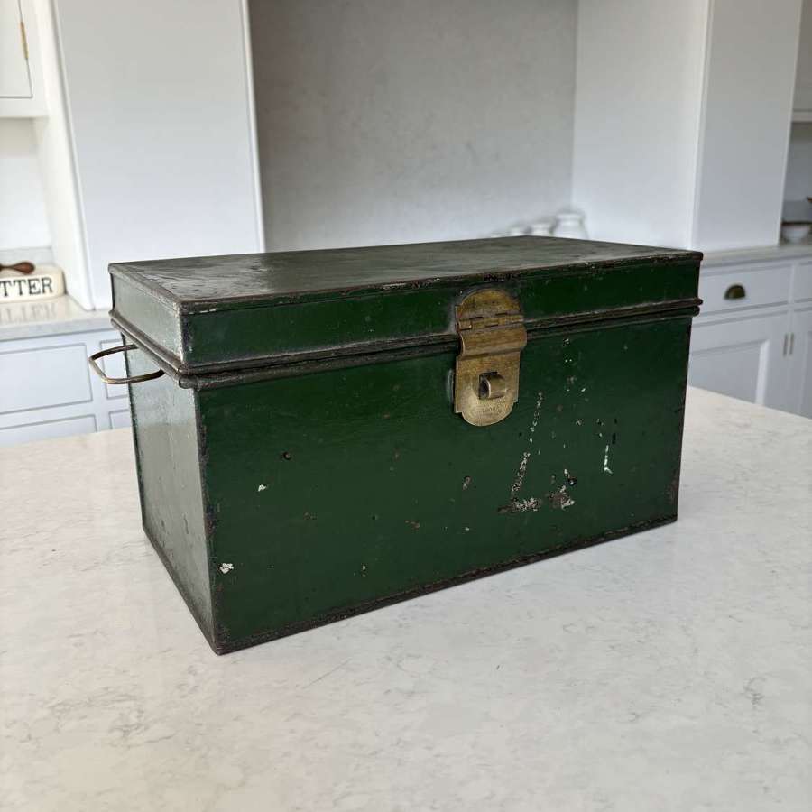 Edwardian Metal Deed Box in Orig Green Paint. Brass Lock & Handles