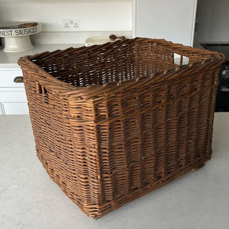 Antique Handy Size Basket with Side Handles & Wooden Slat Base