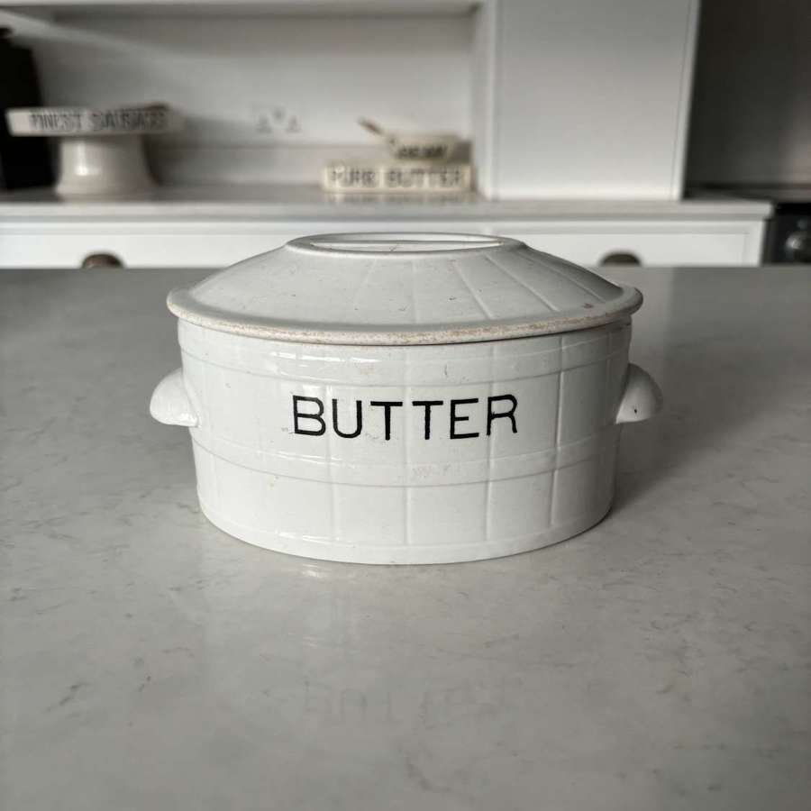 Edwardian White Ironstone Banded Butter Dish with Original Lid