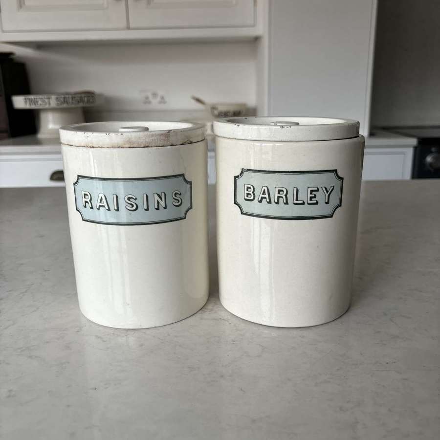 Late 19thC Maling Ironstone Kitchen Storage Jars - Raisins - Barley