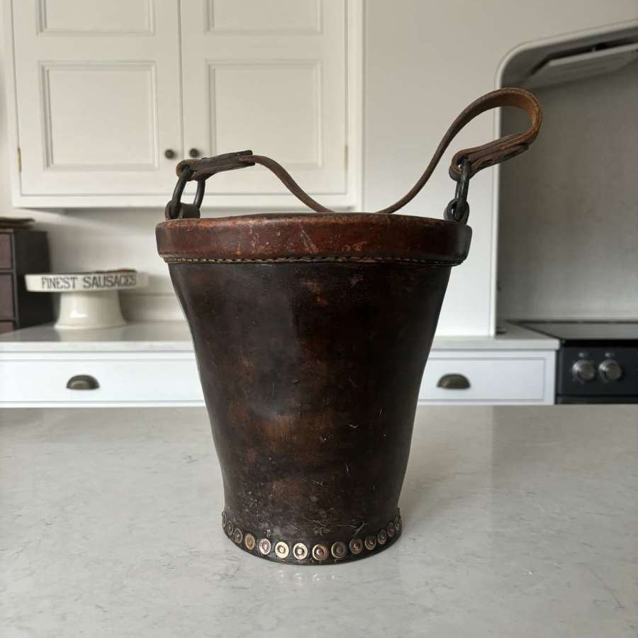 Early Victorian Leather Bucket - Copper Studs - Original Handle