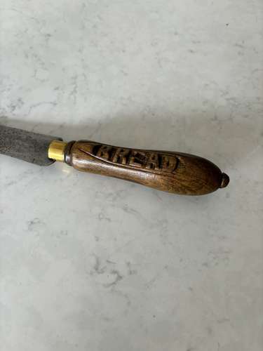 Early 20th Century Carved Bread Knife - Steel Blade - Brass Collar