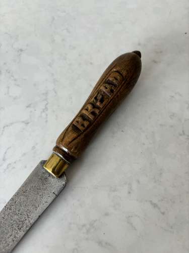 Early 20th Century Carved Bread Knife - Steel Blade - Brass Collar
