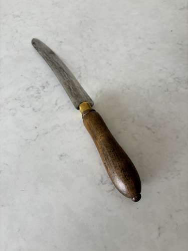 Early 20th Century Carved Bread Knife - Steel Blade - Brass Collar