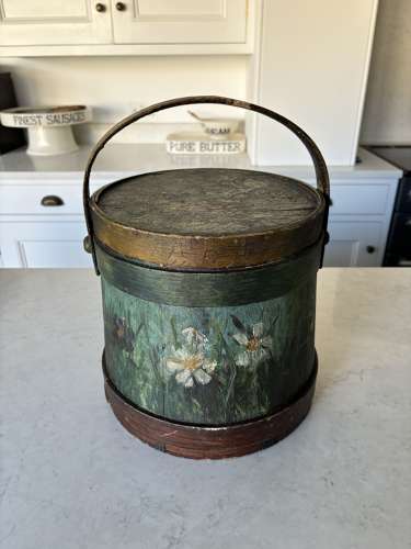 Victorian Banded Flour Barrel in Lovely Orig Paint with Lid & Handle