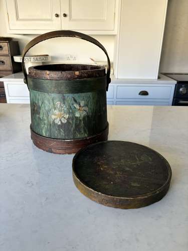 Victorian Banded Flour Barrel in Lovely Orig Paint with Lid & Handle