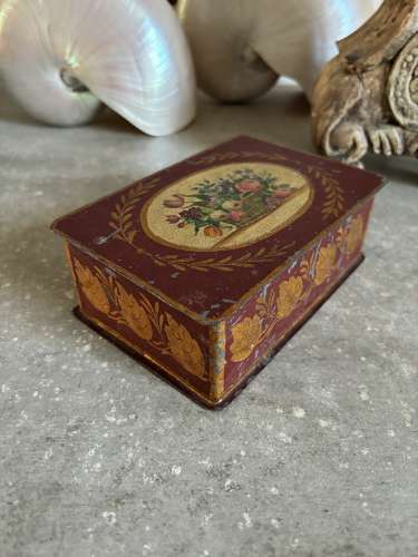 Early 20th Century Toleware Calling Card Tin - Beautiful Floral Top