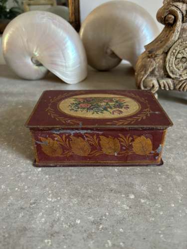 Early 20th Century Toleware Calling Card Tin - Beautiful Floral Top